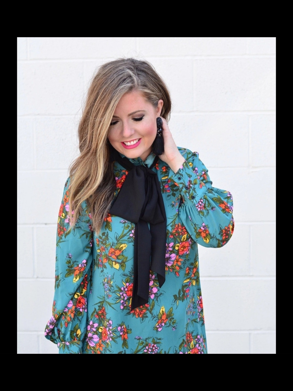 Halogen Teal Floral Long-Sleeve Dress with Black Bow